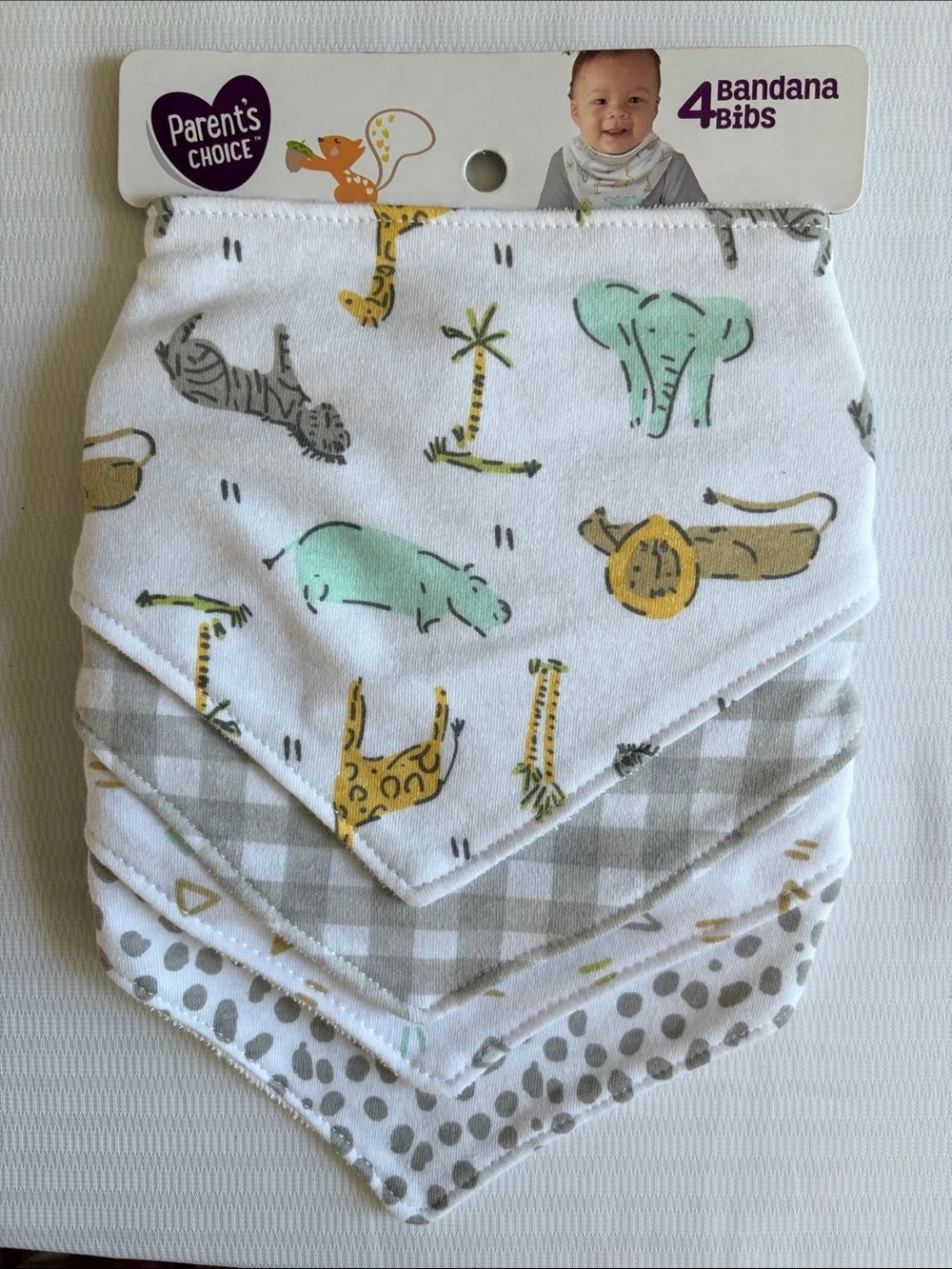 Parents Choice White & Mint Safari Bandana Bibs - 4 Pack